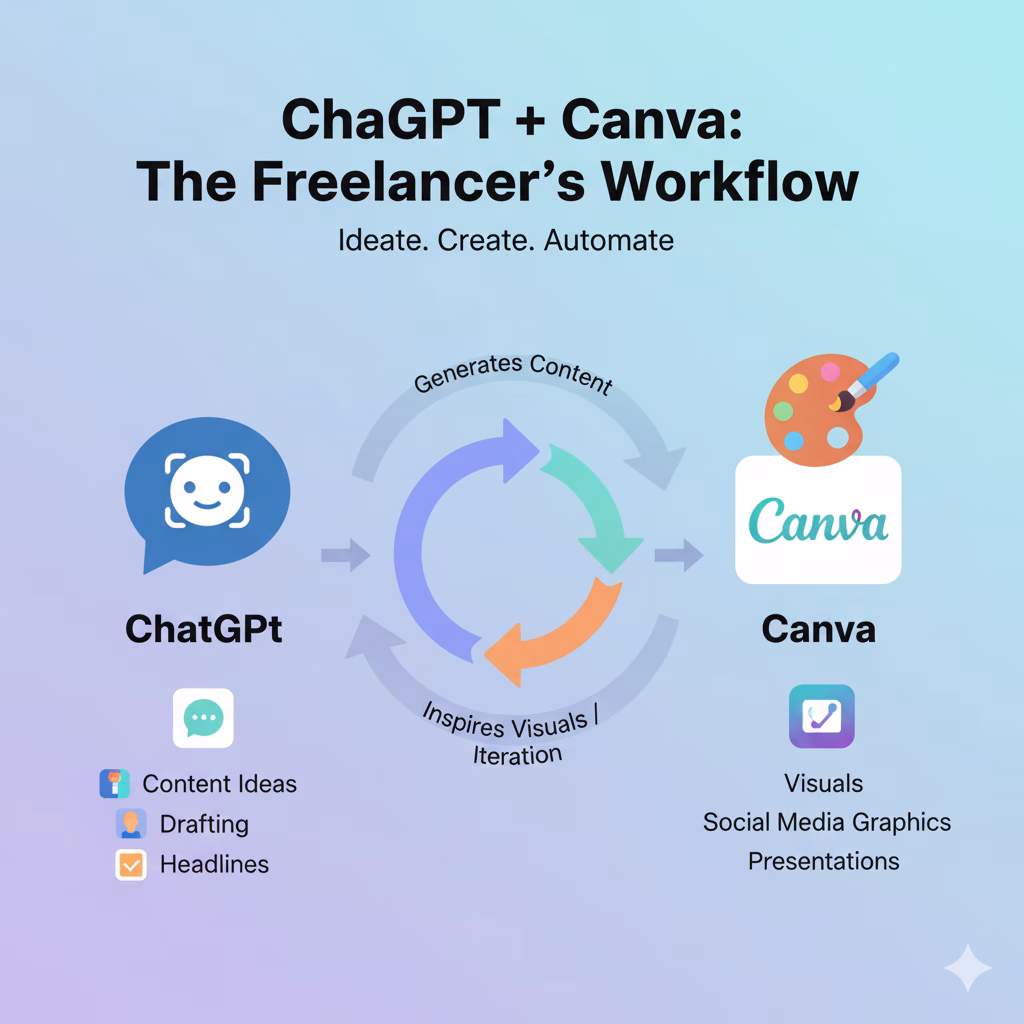 Workflow showing how ChatGPT and Canva work together for freelancers